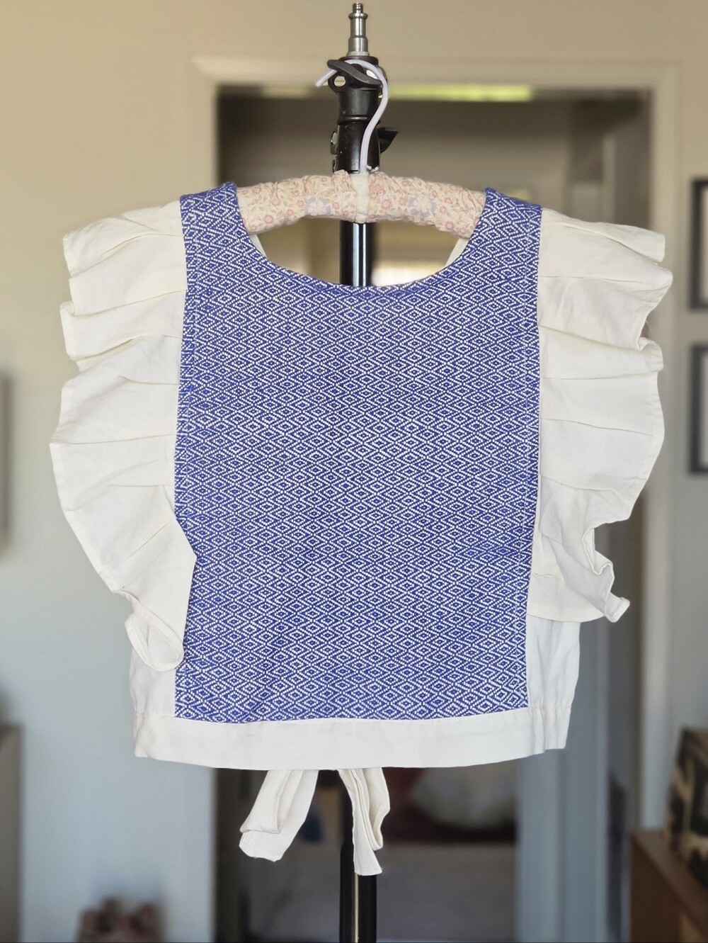 Mexican Hand Loom Ruffle Sleeve Top - Blue & White